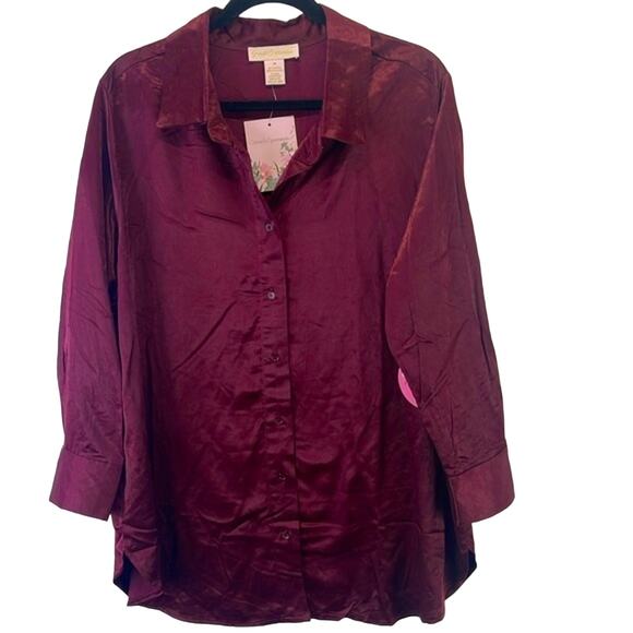 Emmas Expressions Wine Button Down Collar LS Silky Look/Feel Maternity NWT M Top - Picture 7 of 10